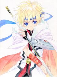  armor blonde_hair blue_eyes blush dog_days fingerless_gloves gloves headband shinku_izumi short_hair smile solo staff 