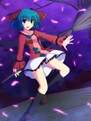  bamboo_broom broom cross_(crossryou) green_eyes green_hair kasodani_kyouko kneehighs open_mouth petals short_hair skirt smile solo torii touhou tree 