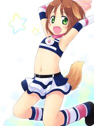  animal_ears armpits arms_up cheerleader chunichi_dragons cleavage_cutout dog_ears dog_tail fang flat_chest green_eyes inuarashi kneehighs meiko_(inuarashi) midriff navel nippon_professional_baseball original pom_poms short_hair skirt solo tail 