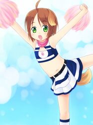  ahoge animal_ears arms_up cheerleader chunichi_dragons cleavage_cutout dog_ears dog_tail flat_chest green_eyes inuarashi kneehighs meiko_(inuarashi) midriff navel nippon_professional_baseball original pom_poms short_hair skirt solo tail 
