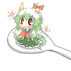  1girl blush ex-keine fang green_hair hat horns kamishirasawa_keine long_hair lowres open_mouth rebecca_(keinelove) red_eyes ribbon spoon tail touhou 