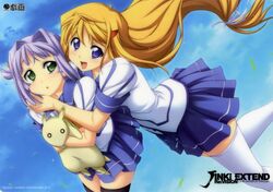 2girls :o black_legwear blonde_hair blue_eyes blush green_eyes hair_ornament hairclip highres hiiragi_akao hug jinki kousaka_rui long_hair multiple_girls open_mouth skirt sky thighhighs tsunashima_shirou white_legwear 