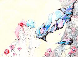  anemone bad_id blue_hair charmal closed_eyes eureka eureka_7 eureka_seven eureka_seven_(series) eyes_closed flower holding_hands long_hair multiple_girls pink_hair short_hair 