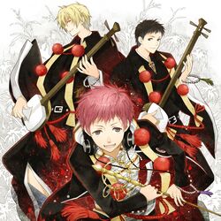  ao_no_exorcist blonde_hair brown_hair headphones highres instrument male multiple_boys pink_hair shakujo shima_juuzou shima_kenzou shima_kinzou shima_renzou short_hair staff yuuno_(yukioka) 