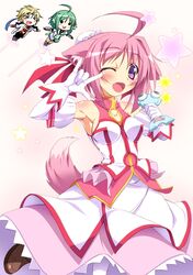  \m/ ahoge animal_ears armpits blonde_hair breasts chibi dog_days dog_ears dog_tail dress eclair_martinozzi fang flying gloves green_hair macross macross_frontier millhiore_f_biscotti open_mouth pink_hair purple_eyes seikan_hikou shinku_izumi short_hair sideboob star tachibana_surimu tail violet_eyes white_gloves wink 