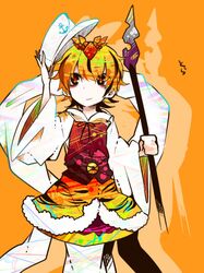  1girl anchor hair_ornament hat headwear_removed multicolored_hair orange_eyes polearm ribbon ringetsumon sailor_hat short_hair spear tiger_print toramaru_shou touhou two-tone_hair weapon wide_sleeves 