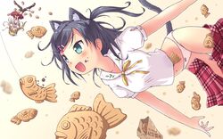 2girls aki_(akisora_hiyori) animal_ears azuki_azusa black_hair blonde_hair blush bow cat_ears cat_tail fang food green_eyes hair_bow hair_ornament hairclip hentai_ouji_to_warawanai_neko. highres long_hair multiple_girls panties puffy_sleeves school_uniform short_hair short_sleeves side_ponytail tail taiyaki tsutsukakushi_tsukiko underwear upside-down very_long_hair wagashi white_panties