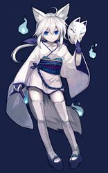  1girl ahoge animal_ears blue_eyes blue_fire fingerless_gloves fire fox_ears fox_tail gloves japanese_clothes kimono light_smile low_ponytail mask minamura_haruki obi pigeon-toed platform_footwear short_kimono simple_background solo tail thigh-highs white_hair white_legwear 
