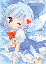  bad_id blue_eyes blue_hair cirno heart jigatei_(omijin) omijin ribbon smile solo teeth touhou v wings wink 