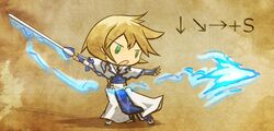  akihiyo blonde_hair chibi fingerless_gloves gloves green_eyes guilty_gear ky_kiske lightning male solo sword weapon 