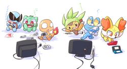 bulbasaur charmander chespin fennekin froakie game_boy highres link_cable nettsu-_(sinker-ball) nintendo nintendo_3ds no_humans playing_games pokemon pokemon_(game) pokemon_rgby pokemon_xy snes squirtle sunglasses television wii 