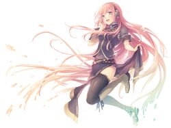  1girl aqua_eyes boots hand_on_own_face headphones long_hair maro_(nikeneko523) megurine_luka midriff navel pink_hair skirt skirt_hold smile solo thighhighs very_long_hair vocaloid 