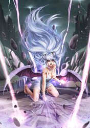  1girl absurdres angry barefoot black_sclera blood breasts cleavage clenched_hand demon_girl demon_horns demon_tail demon_wings dress fangs highres horns injury lightning lilim_(monster_girl_encyclopedia) long_hair maritan_(artist) monster_girl_encyclopedia off_shoulder red_eyes silver_hair solo succubus tail wings wound 