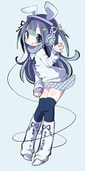  1girl album_cover animal_ears blue_eyes blue_hair cover headphones highres long_hair maako_(pixiv54348) original rabbit_ears thighhighs 