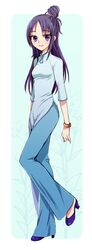  1girl blue_background bracelet futari_wa_precure_splash_star hair_bun half_updo jewelry long_hair mironomeo mishou_mai pants plant precure purple_hair smile solo standing_on_one_leg vietnamese_dress violet_eyes 