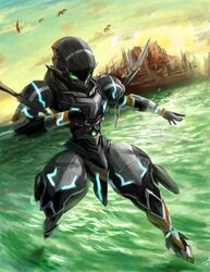  bird chamber_(suisei_no_gargantia) clouds floating green_eyes morimoka no_humans ocean robot science_fiction sky solo water waves 