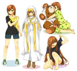  alternate_hair_length alternate_hairstyle brown_eyes brown_hair casual cosplay habit hug index index_(cosplay) long_hair misaka_mikoto multiple_persona nun nuriko-kun pajamas short_hair stuffed_animal stuffed_toy teddy_bear to_aru_kagaku_no_railgun to_aru_majutsu_no_index torn_clothes 