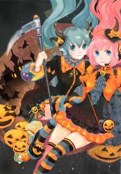  2girls alien_(alienlolita) bag blue_eyes colored_pencil_(medium) dress green_eyes green_hair halloween hatsune_miku horns jack-o'-lantern long_hair megurine_luka mini_hat multiple_girls pink_hair scythe smile striped striped_legwear thigh-highs traditional_media twintails vocaloid 