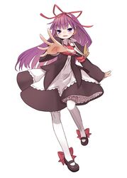  1girl bow dress feli frills hair_bow long_hair mary_janes monaka_ooji outstretched_hand pantyhose purple_hair puyopuyo puyopuyo_fever shoes smile solo violet_eyes white_background white_legwear 