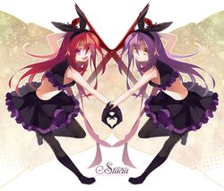  bare_shoulders gloves hairband pantyhose pink_eyes purple_hair redhead skirt stacia_(unlight) subaru01rins unlight yellow_eyes 