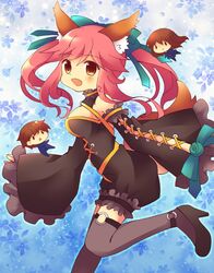  1boy 2girls animal_ears bare_shoulders bow breasts caster_(fate/extra) chibi detached_sleeves fang fate/extra_ccc fate_(series) female_protagonist_(fate/extra) fox_ears fox_tail hair_bow hair_ribbon high_heels male_protagonist_(fate/extra) mishin multiple_girls pink_hair ribbon shoes sleeves_past_wrists tail thigh-highs twintails yellow_eyes 
