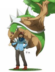  baseball_cap boots brown_hair carrying closed_eyes eyes_closed hat hinami_(ryuusei_potechi) nintendo open_mouth pokemon pokemon_(game) pokemon_black_and_white pokemon_bw simple_background smile spikes sweatdrop torterra touya_(pokemon) tree 
