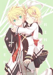  bag bike_shorts blonde_hair blush brother_and_sister closed_eyes eyes_closed green_eyes hair_ornament hair_ribbon hairclip hug hug_from_behind kagamine_len kagamine_rin kinoshita_neko necktie ribbon school_bag school_uniform short_hair siblings skirt smile twins vocaloid 