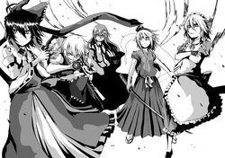 5girls braid crossed_arms detached_sleeves dual_wielding hair_ribbon hakurei_reimu hat highres izayoi_sakuya judo_fuu kirisame_marisa kochiya_sanae konpaku_youmu long_hair monochrome multiple_girls ribbon sword tagme touhou twin_braids weapon 