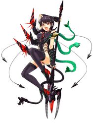  adapted_costume alien_(movie) asymmetrical_wings bare_shoulders black_legwear breasts embellished_costume fang frills gathers high_heels highres houjuu_nue open_mouth polearm red_eyes shoes simple_background snake solo spear tail thigh-highs thighhighs touhou trident tsurui weapon white_background wings xenomorph 