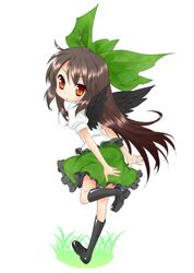  bad_id blush bow brown_hair chibi hair_bow jigatei_(omijin) long_hair omijin red_eyes reiuji_utsuho shirt skirt solo touhou wings 
