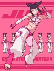  1girl abs baggy_pants bare_shoulders belt black_hair bracelet crop_top elbow_gloves fingerless_gloves g-room_honten gloves grin han_juri jewelry midriff navel pink_eyes pointy_hair short_hair short_twintails small_breasts smile solo spiked_bracelet spikes street_fighter street_fighter_iv super_street_fighter_iv toeless_socks toes twintails 
