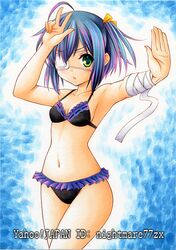 1girl ahoge artist_name bandages bikini bow chuunibyou_demo_koi_ga_shitai! eyepatch frilled_bikini frills green_eyes hair_bow nightmare77zx purple_hair short_hair side_ponytail solo swimsuit takanashi_rikka traditional_media