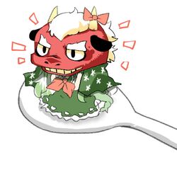  1girl black_eyes blush ex-keine green_hair hat horns kamishirasawa_keine long_hair lowres mask rebecca_(keinelove) ribbon smile spoon tail touhou 