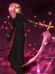  blue_eyes cloak gloves kingdom_hearts long_hair male marluxia natsuk1 pink_hair scythe solo 