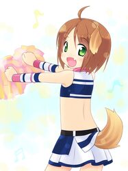  animal_ears brown_hair cheerleader child chunichi_dragons dog_ears fang green_eyes inuarashi looking_back meiko_(inuarashi) midriff original pom_poms short_hair solo tail 