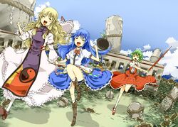  bare_legs blonde_hair blue_hair boots closed_eyes cross-laced_footwear dutch_angle eichi_(0903275) eyes_closed flower green_hair hand_holding hat hat_removed headwear_removed hinanawi_tenshi holding_hands kazami_yuuka lace-up_boots long_hair multiple_girls open_mouth rock running shide shimenawa short_hair smile sunflower touhou train umbrella yakumo_yukari yin_yang youkai 