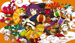  bad_id bird cherry_blossoms coin fan folding_fan highres long_hair nightingale_(bird) original paper_crane plum_blossoms purple_hair sakisato_kiriko smile solo yellow_eyes 