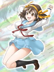  brown_hair hair_ribbon hairband jumping ribbon school_uniform serafuku short_hair suzumiya_haruhi suzumiya_haruhi_no_yuuutsu yaso_shigeru zoom_layer 