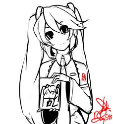 1girl bare_shoulders chibi_inset detached_sleeves eu03 hatsune_miku head_tilt long_hair monochrome necktie picture_(object) smile solo tattoo twintails vocaloid 