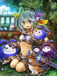  ahoge animal bare_shoulders belt blue_eyes fujiwara_akina gloves grey_hair midriff ribbon shorts silver_hair sword tree weapon 