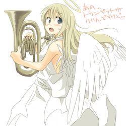  blonde_hair blue_eyes blush check_translation dress face halo instrument long_hair looking_back open_mouth original sketch sleeveless solo sweatdrop translated tuba wings yudepii yuderupii 