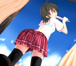  1girl ahoge alternate_costume black_hair black_legwear blue_bra bra houjuu_nue madara plaid plaid_skirt pointy_ears popsicle red_eyes school_uniform see-through short_hair skirt solo thigh-highs touhou underwear wet wet_clothes 
