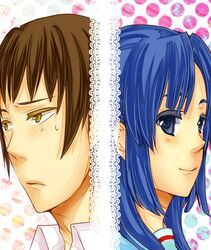  b-trice bad_id blue_eyes blue_hair brown_eyes brown_hair close-up face kyon school_uniform smile split_screen suzumiya_haruhi_no_yuuutsu 