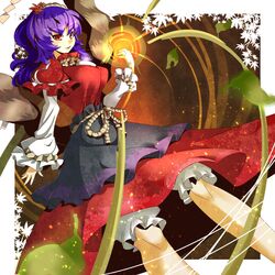  1girl blurry breasts depth_of_field dress hair_ornament large_breasts leaf long_hair mirror purple_hair red_eyes rope shimenawa solo touhou umigarasu_(kitsune1963) yasaka_kanako 