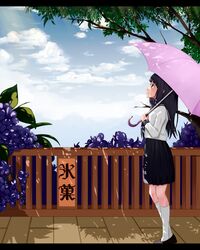  1girl black_hair chitanda_eru highres hyouka kneehighs long_hair school_uniform serafuku skirt umbrella violet_eyes white_legwear 