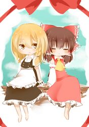  2girls blonde_hair bow braid brown_hair closed_eyes hakurei_reimu katorinuko kirisame_marisa long_hair multiple_girls ribbon short_hair touhou yellow_eyes 