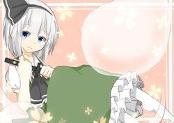  1girl blue_eyes flower ghost hairband katorinuko konpaku_youmu konpaku_youmu_(ghost) ribbon short_hair silver_hair sword touhou weapon 