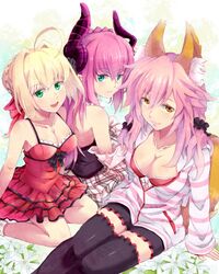  ahoge animal_ears blonde_hair blue_eyes breasts caster_(fate/extra) cleavage dress fate/extra_ccc fate_(series) fox_ears green_eyes horns lancer_(fate/extra_ccc) long_hair pink_hair saber_extra thigh-highs yellow_eyes yude 
