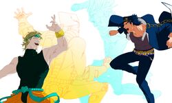  4boys black_hair blonde_hair chika_(ajuga) dio_brando fighting hat highres jojo_no_kimyou_na_bouken kuujou_joutarou long_coat multiple_boys muscle sleeveless sleeveless_turtleneck stand_(jojo) star_platinum the_world turtleneck 