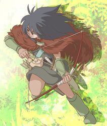  arm_warmers arrow black_hair bow_(weapon) cape dark_skin facepaint ghibli jumping karigurashi_no_arrietty male miniboy oumi560 quiver solo spiller studio_ghibli weapon 